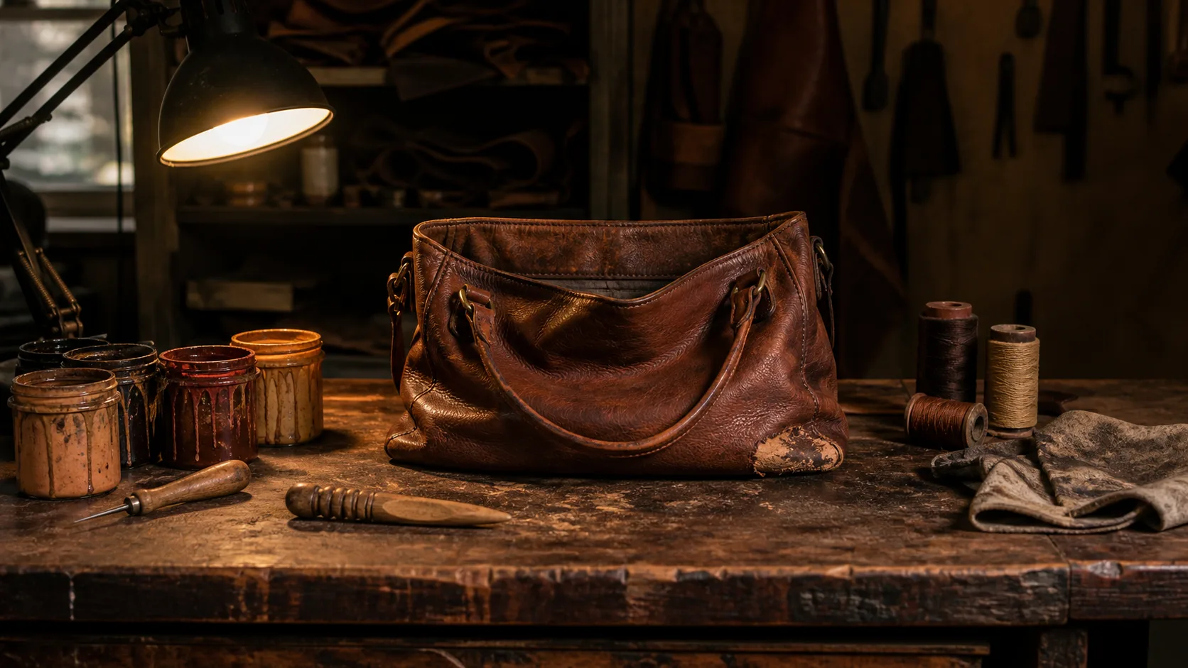 A worn brown leather handbag open on a workbench under a task lamp, surrounded by edge paint pots, an awl and spools of waxed thread