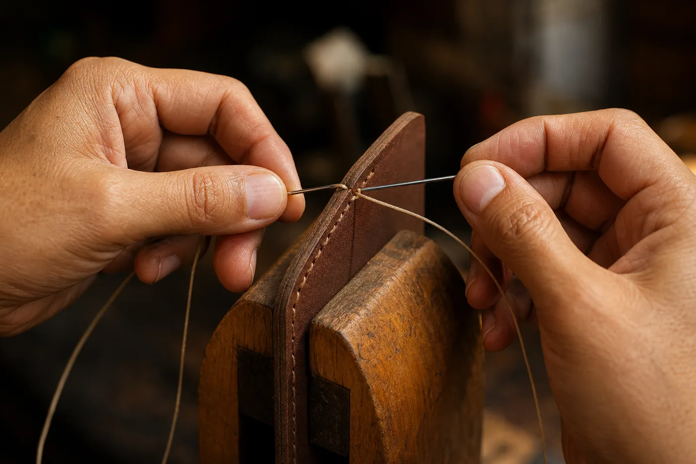Hands stitching a leather seam by hand with two needles and waxed thread, the piece clamped in a wooden stitching pony
