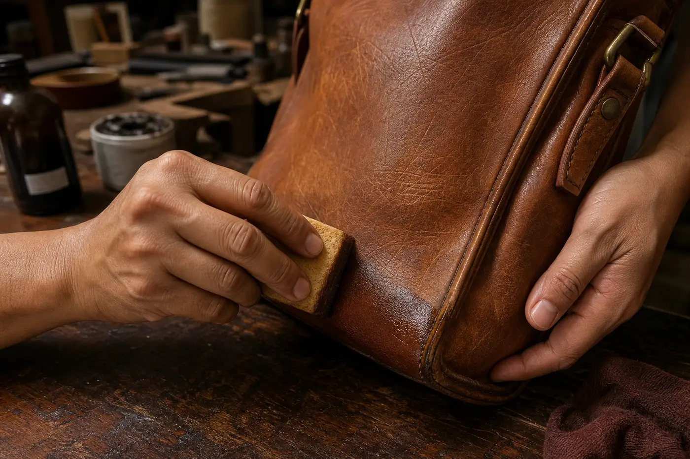 A sponge working fresh colour into the scuffed corner of a leather bag on a workbench