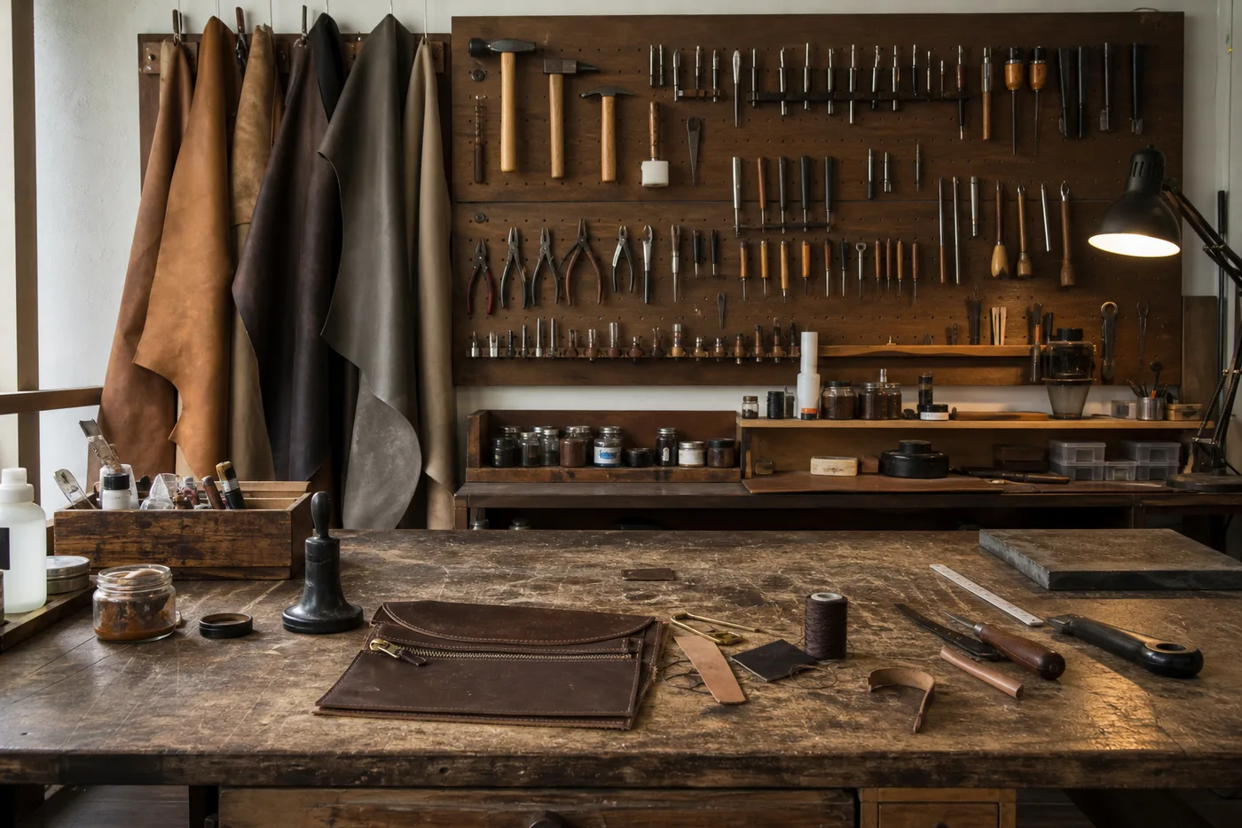 A small leather workshop with hand tools racked on a pegboard wall, hides hanging and a heavy wooden bench in the foreground